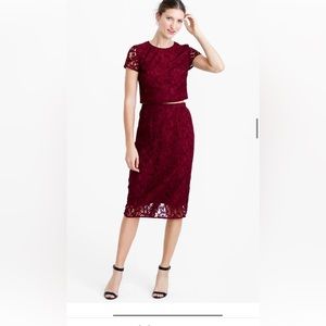 Jcrew floral lace short sleeve crop top and floral lace A-line skirt.